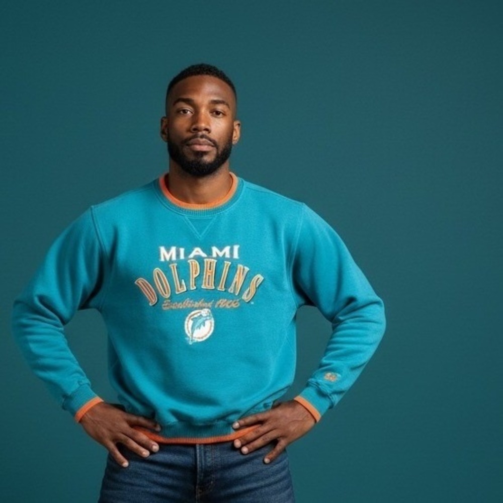 Vintage Logo Athletic Miami Dolphins Mens M Teal Embroidered Sweatshirt NFL